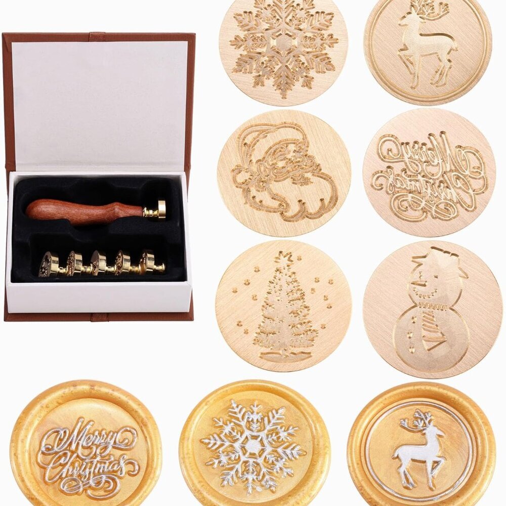 6 Pcs Wax Seal Stamp Set, Christmas Sealing Wax Stamps Kit, Wooden Handle with B